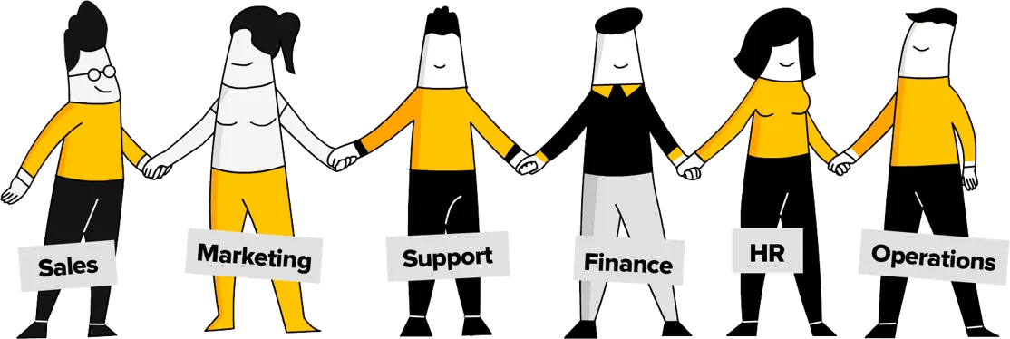 Illustration of people holding hands labelled Sales, Marketing, Support, Finance, HR and Operations